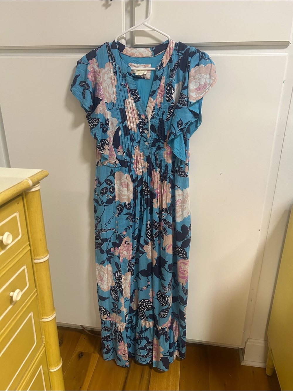 Maeve Anthropologie Blue Floral V-Neck Maxi Dress XSP